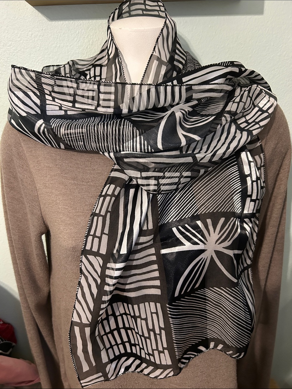 black & White Geometric Print Scarf oblong 13”x60” minimalist vibes